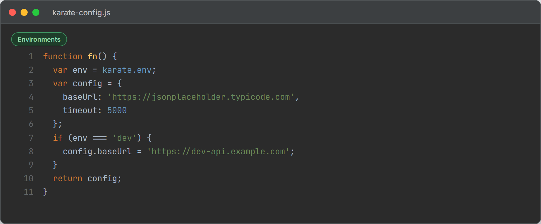 IntelliJ IDEA editor showing karate-config.js with baseUrl per karate.env