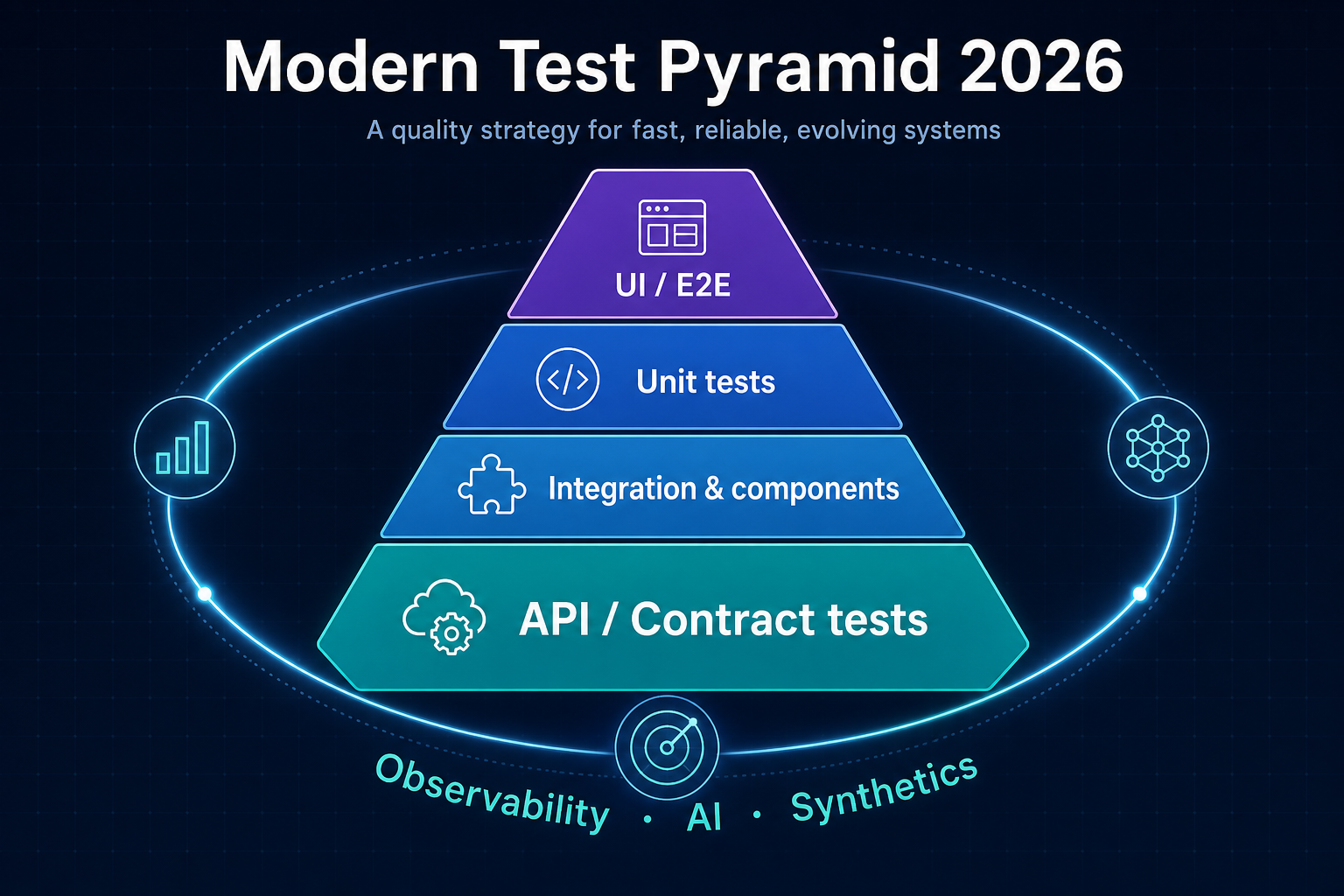 Modern Test Pyramid 2026: hexagonal layers with a dominant API or contract band, slim unit and UI tiers, and an orbiting observability and AI halo.