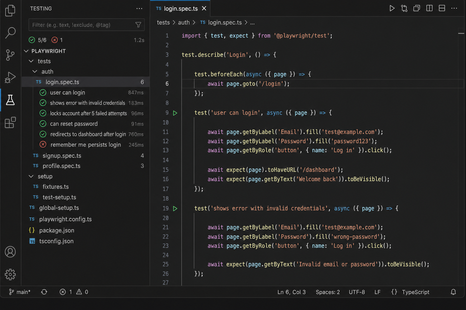 Playwright tests listed in the VS Code Testing sidebar with run and debug actions