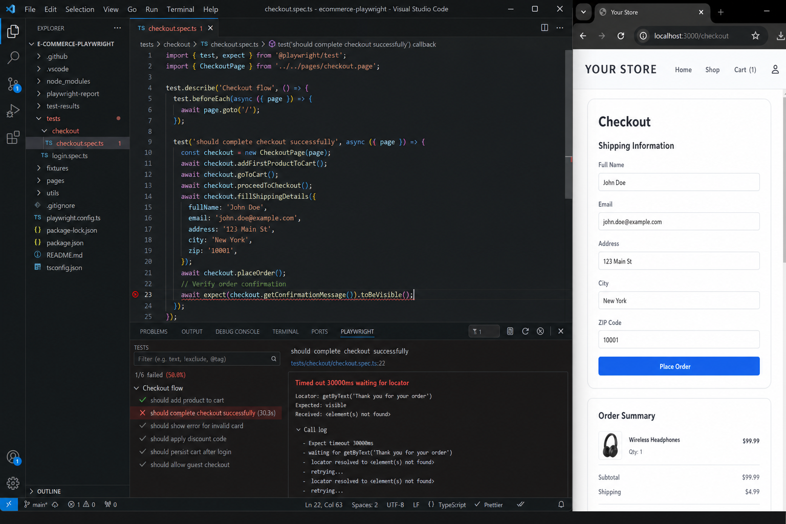 Failed Playwright test in VS Code with inline error and Testing panel output
