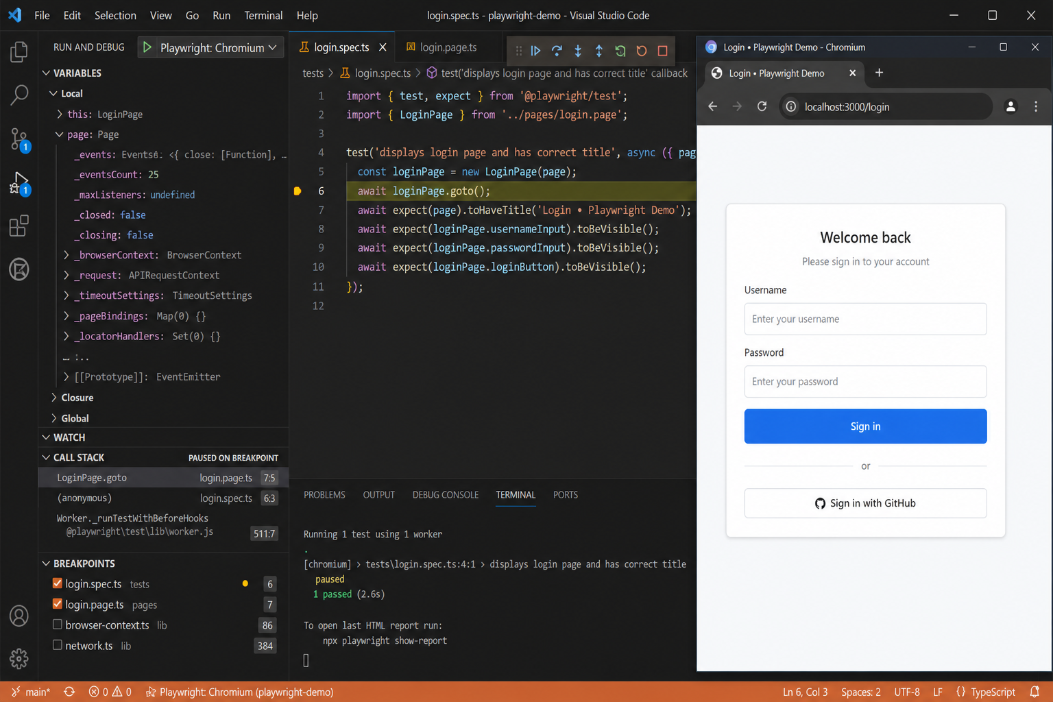 VS Code Debug test session with breakpoint and browser paused on the page under test