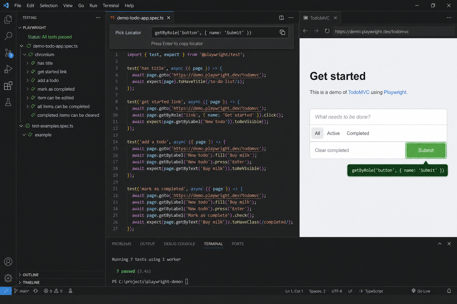 Playwright Pick Locator in VS Code with suggested getByRole locator and highlighted element in the browser