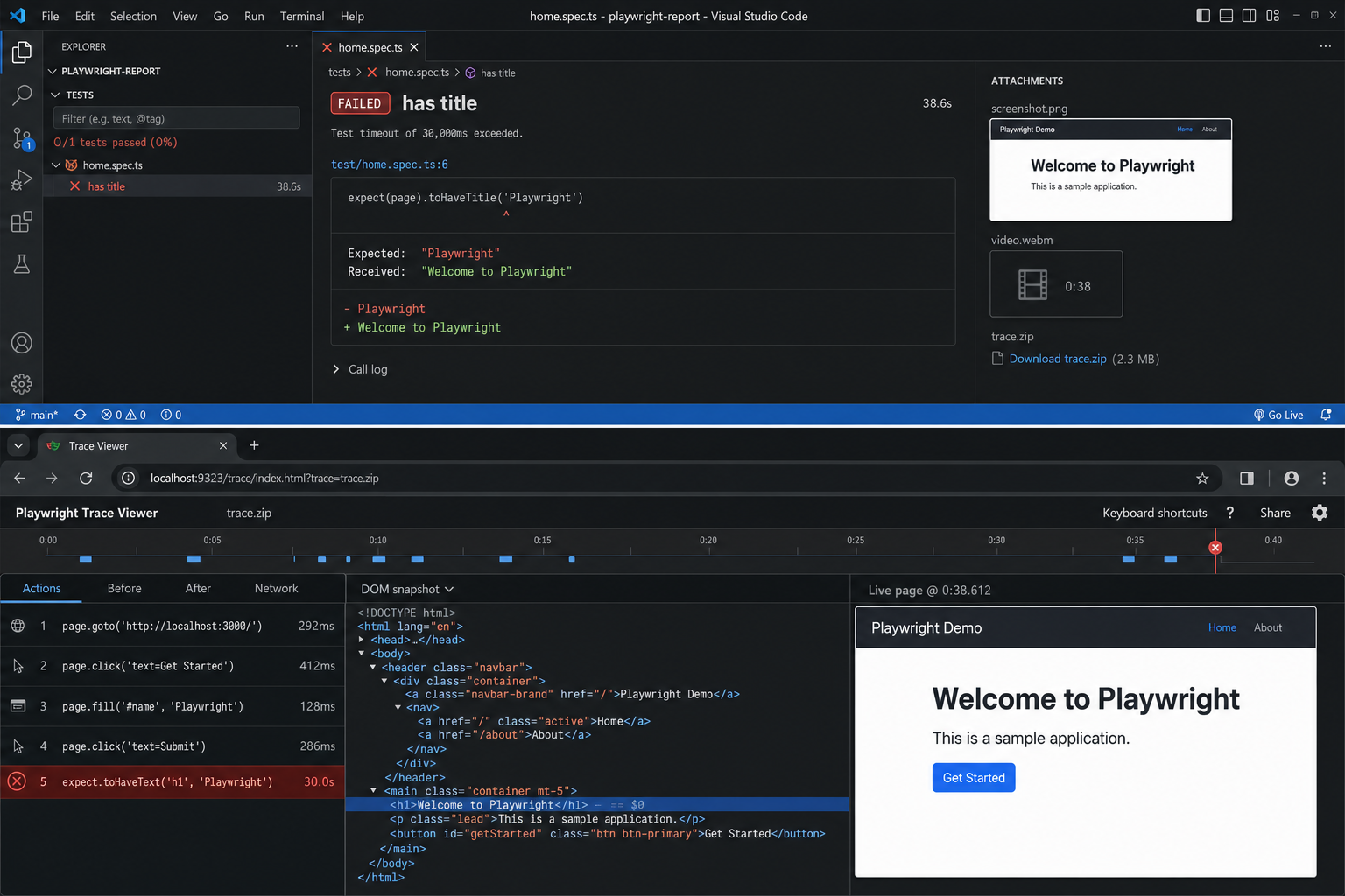 Playwright HTML report in VS Code (top): failed test, expected vs received diff, and trace attachments. Trace Viewer (bottom): timeline, actions, DOM, and page at failure.