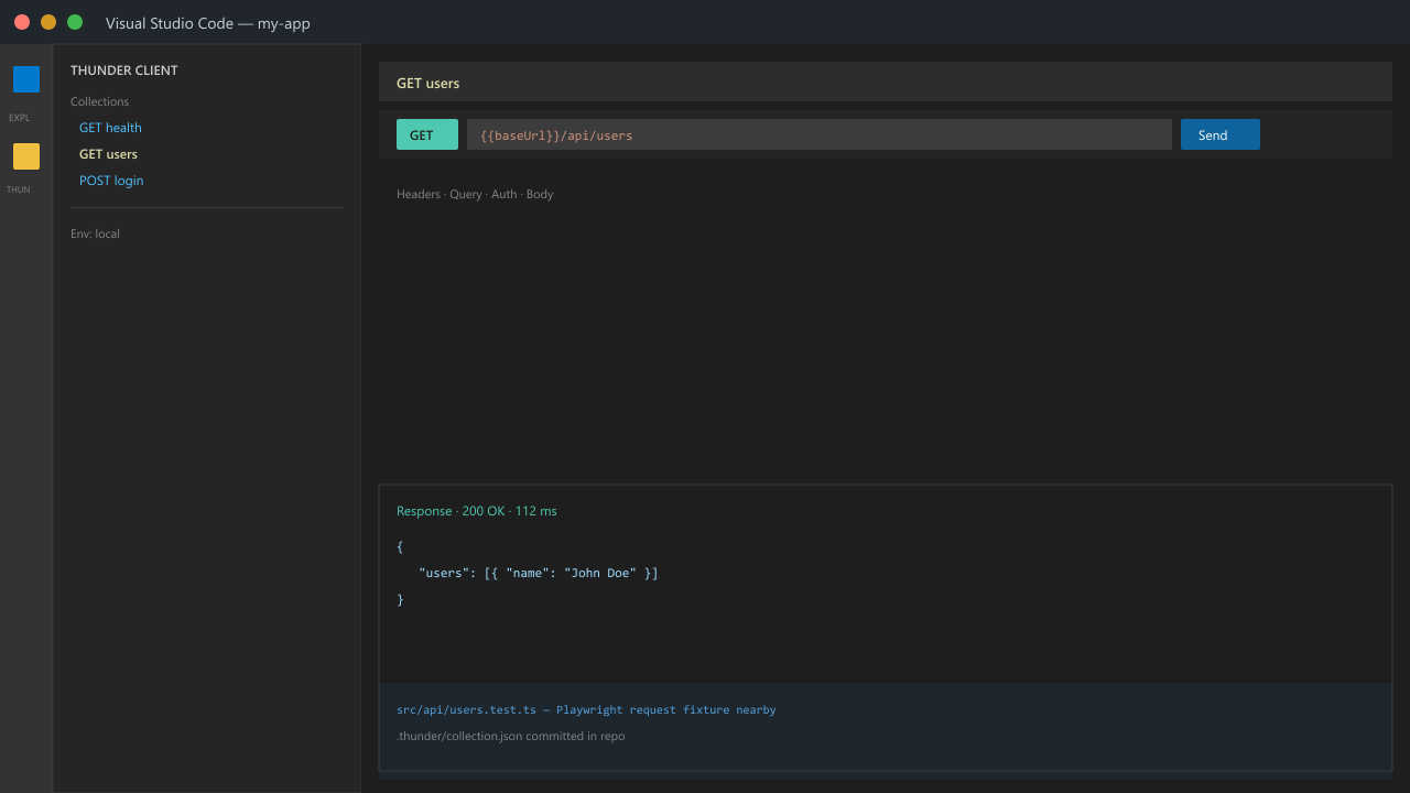 Thunder Client in VS Code: collections sidebar, GET users request, response panel, and repo-local collection files